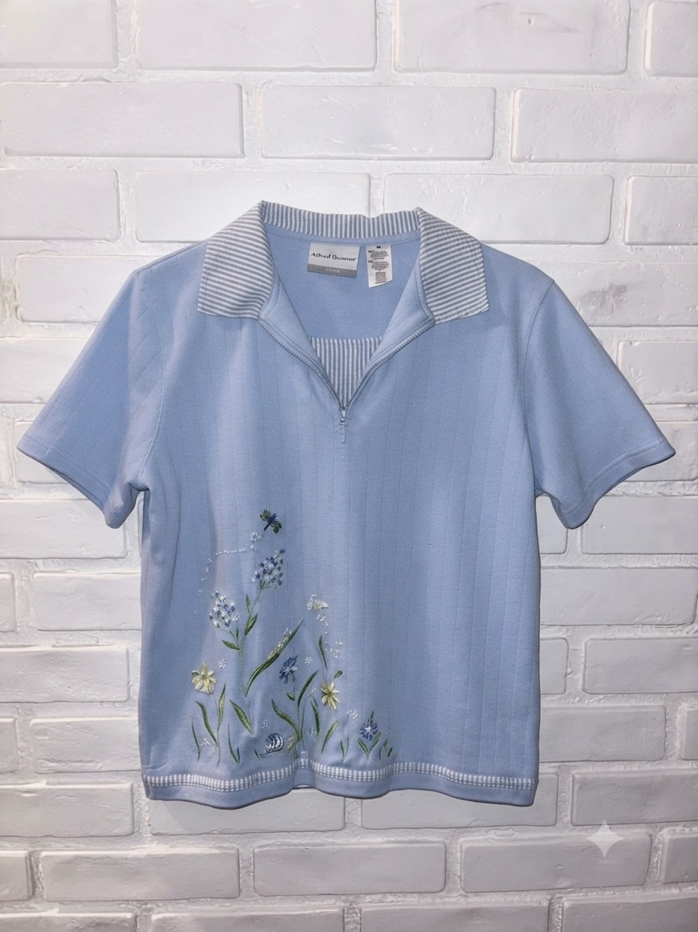 Alfred Dunner Light Blue Short-Sleeve Polo with Floral Embroidery